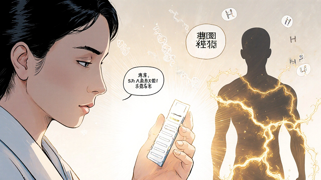 A specialist holds a glowing test strip as golden therapy energy restores a patient&#039;s strength.