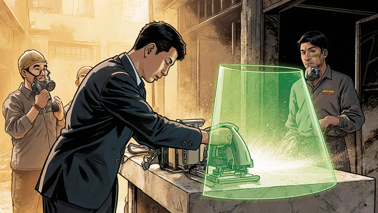 A supervisor installs wet-cutting equipment with ventilation, creating a protective green shield against dust.