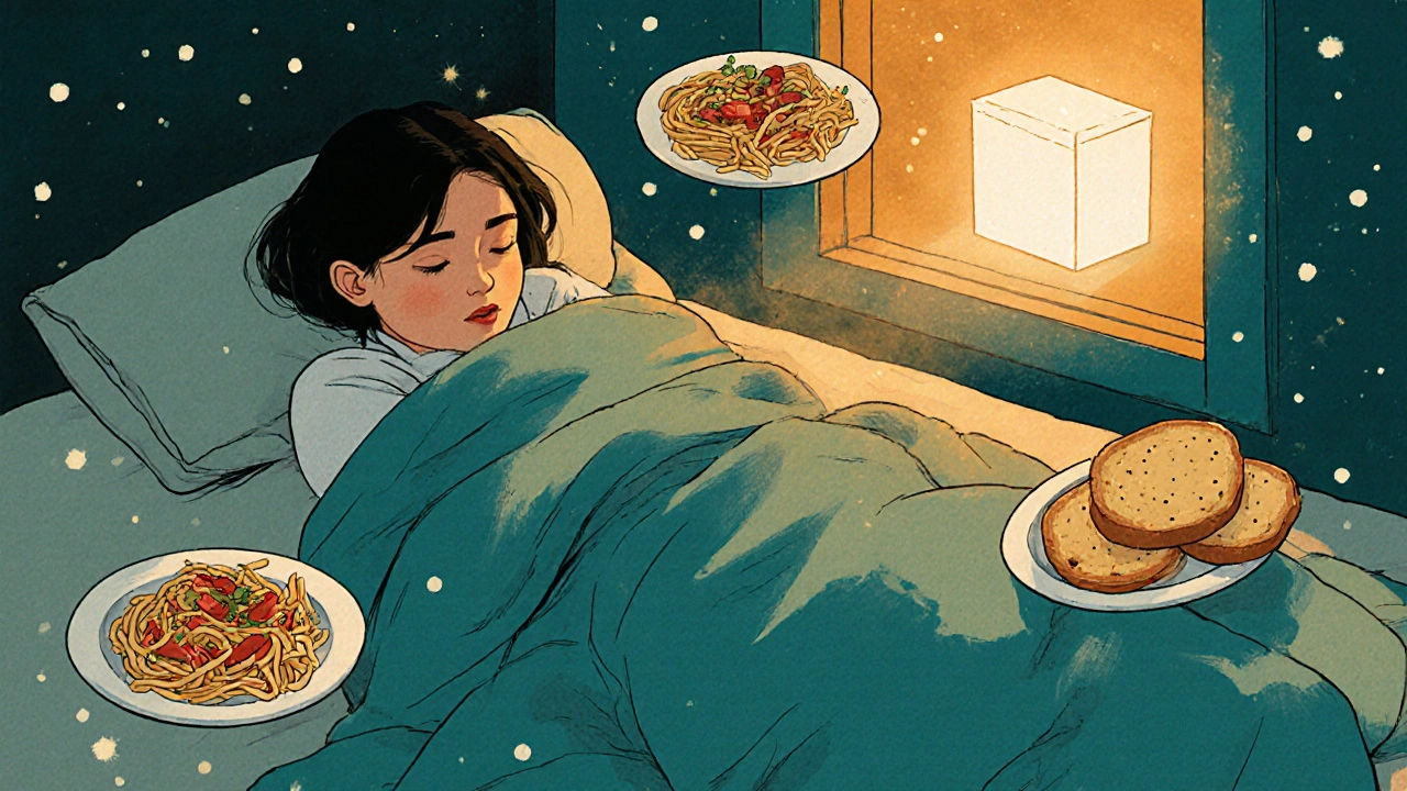 A woman under blankets surrounded by food, bathed in light from a therapy box, representing atypical and seasonal depression.