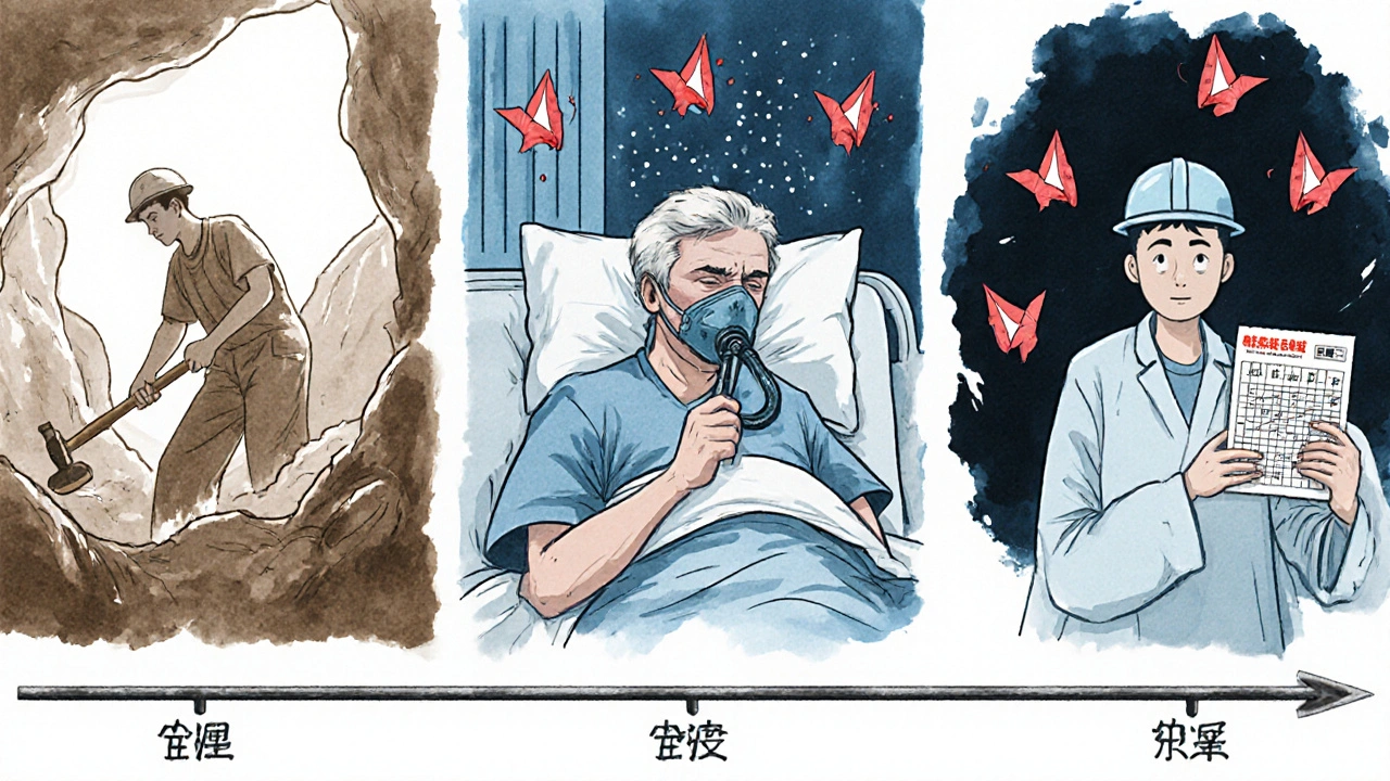 A worker’s life timeline shows health decline from quarry work to hospital bed, with asbestos fibers floating above.