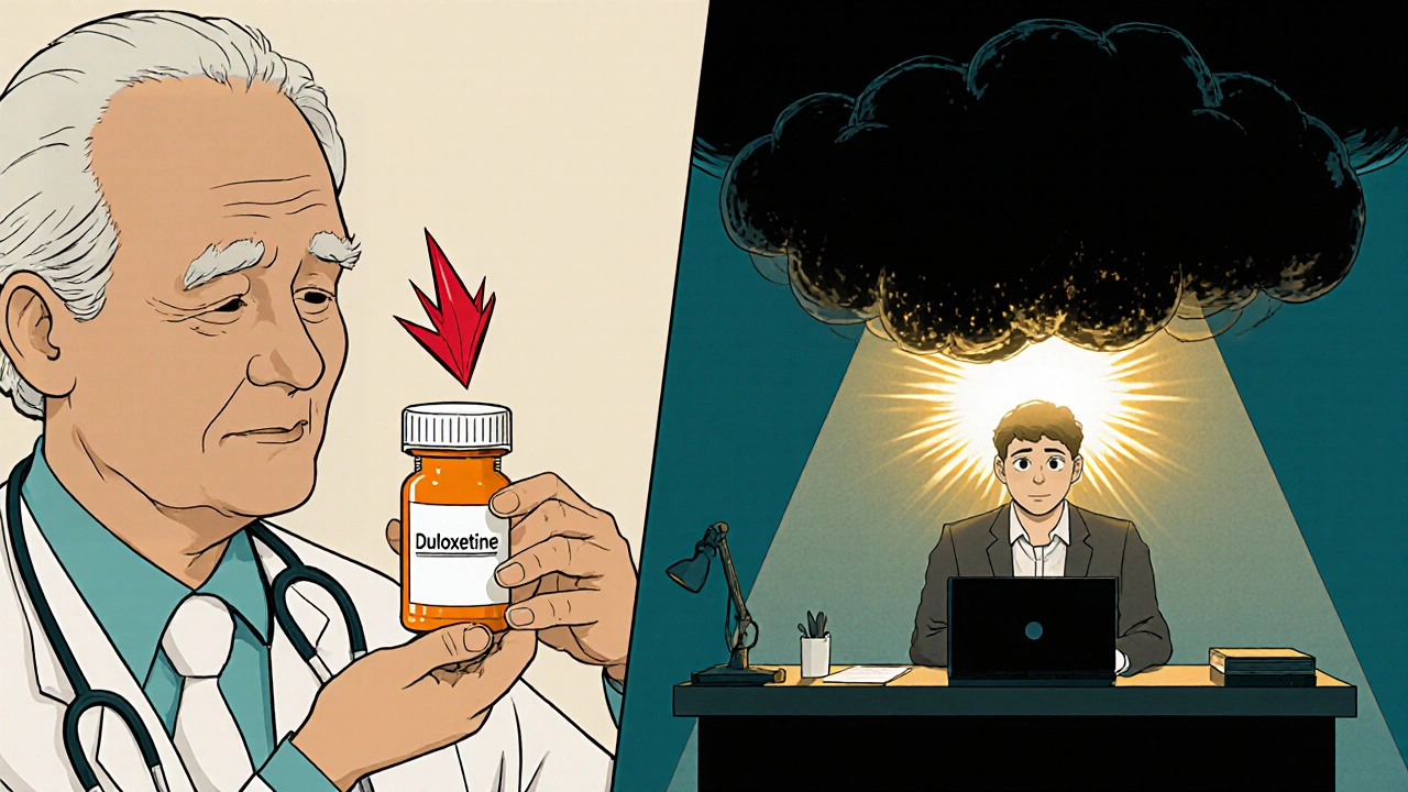 An elderly patient receiving duloxetine as pain shrinks, while a young professional gains energy from the medication.