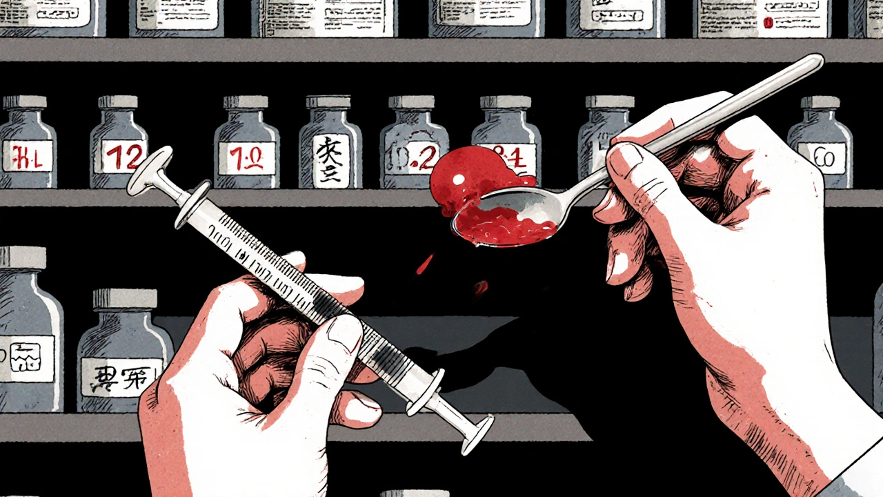 An oral syringe with precise measurements contrasts with a dangerous kitchen spoon filled with liquid medicine.