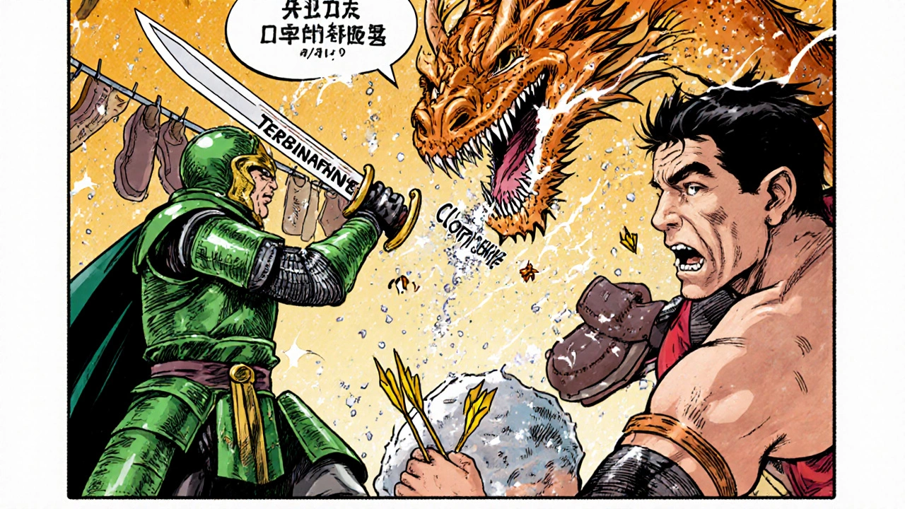 Antifungal knight fighting fungal dragon, shoes drying in background