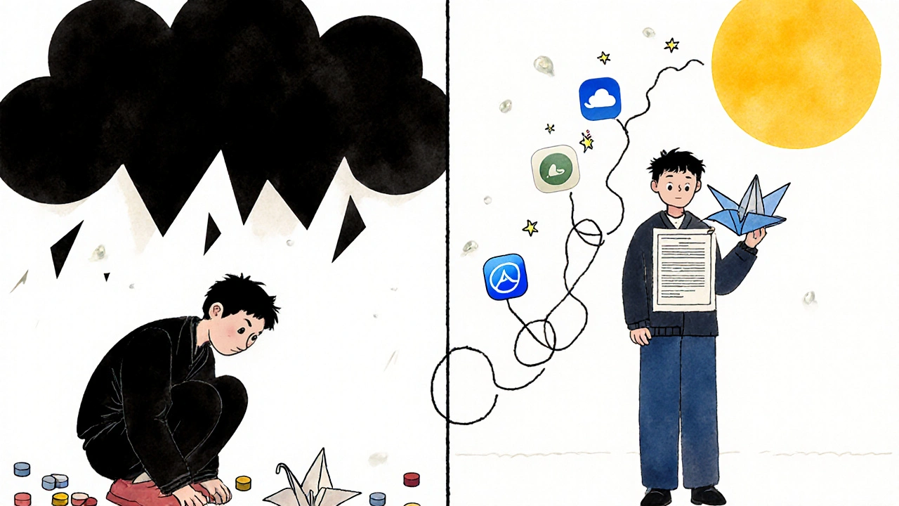 Before and after: person freed from anxiety cloud, holding a CBT crane under sunlight.