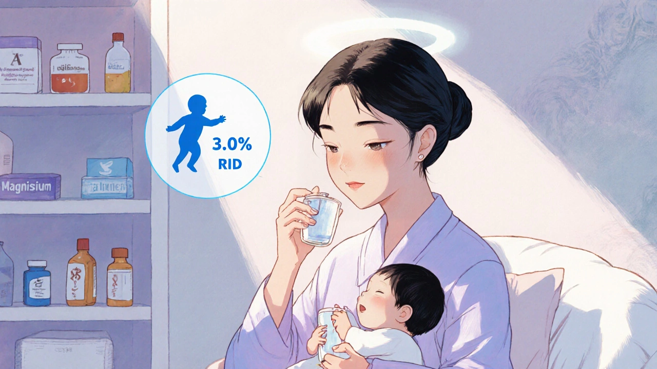 Breastfeeding mother taking acetaminophen with safe medication symbols nearby.