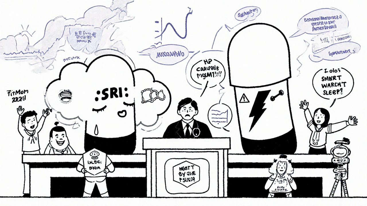 Cartoon courtroom with giant SSRI and bupropion pills on trial, patients voicing side effects, and a DNA gavel judge.