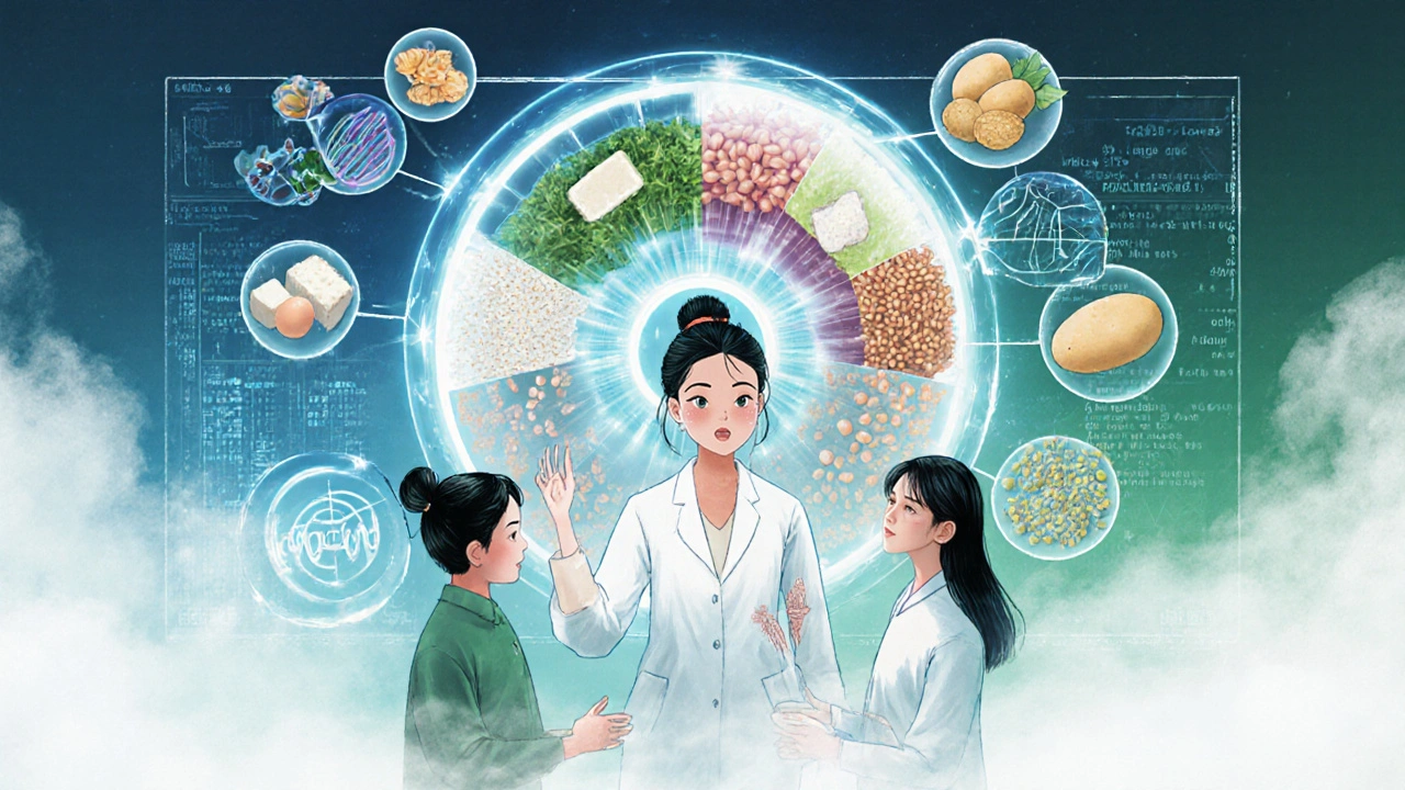 Dietitian guiding patients through a glowing food chart that transforms plant proteins into amino acid spirals.
