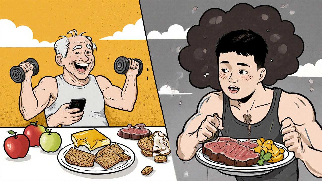 Elderly man exercising with kidney-safe snacks while younger person struggles with high-protein food and waste cloud.