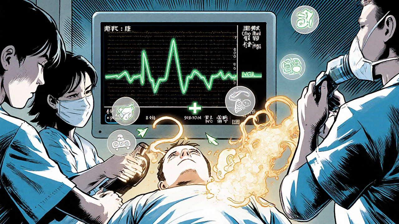 Emergency room scene with ECG sine wave, medical team administering IV calcium and albuterol nebulizer.