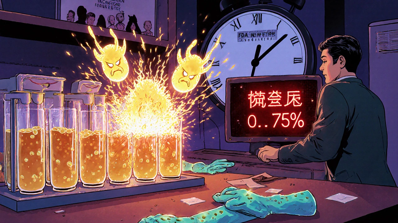 Failed media fill with bursting vial of glowing bacteria and warning screen showing 0.15% contamination