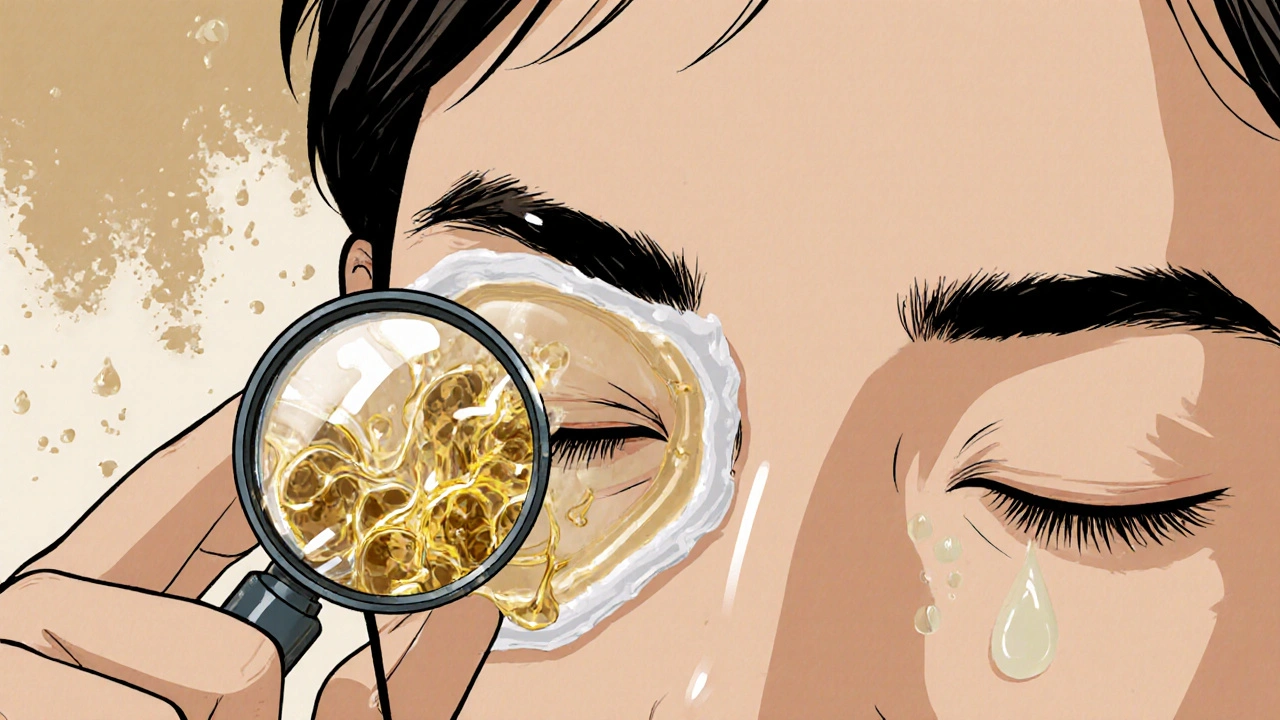 Hand massaging eyelid with warm gel pack, melted oil droplets emerging.