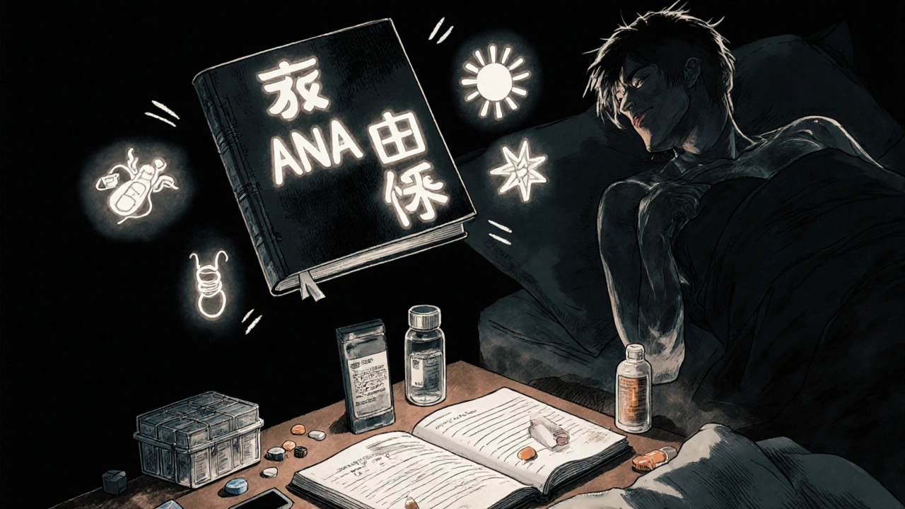 Medical journal with lupus markers glowing above pill bottles and symptom journal, soft ink-wash lighting.