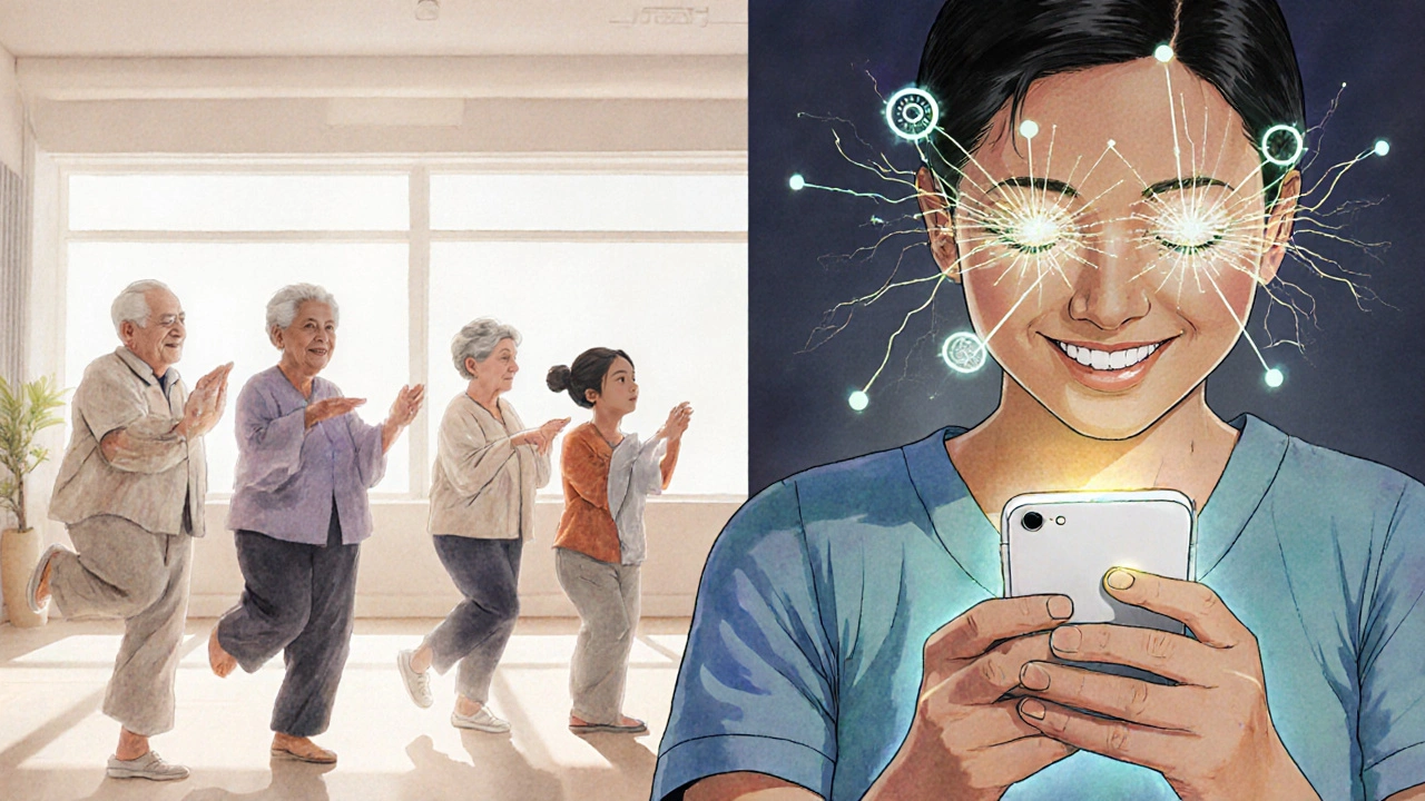 Older adults doing balance exercises in a clinic, with neural pathways lighting up and an AI app analyzing eye movements on a phone.