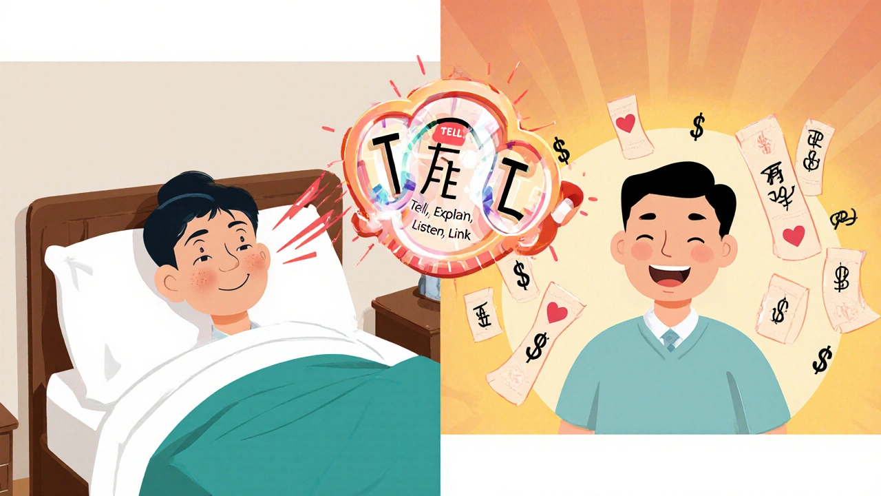 Patient improved health shown side-by-side with TELL framework scrolls guiding their medication journey.
