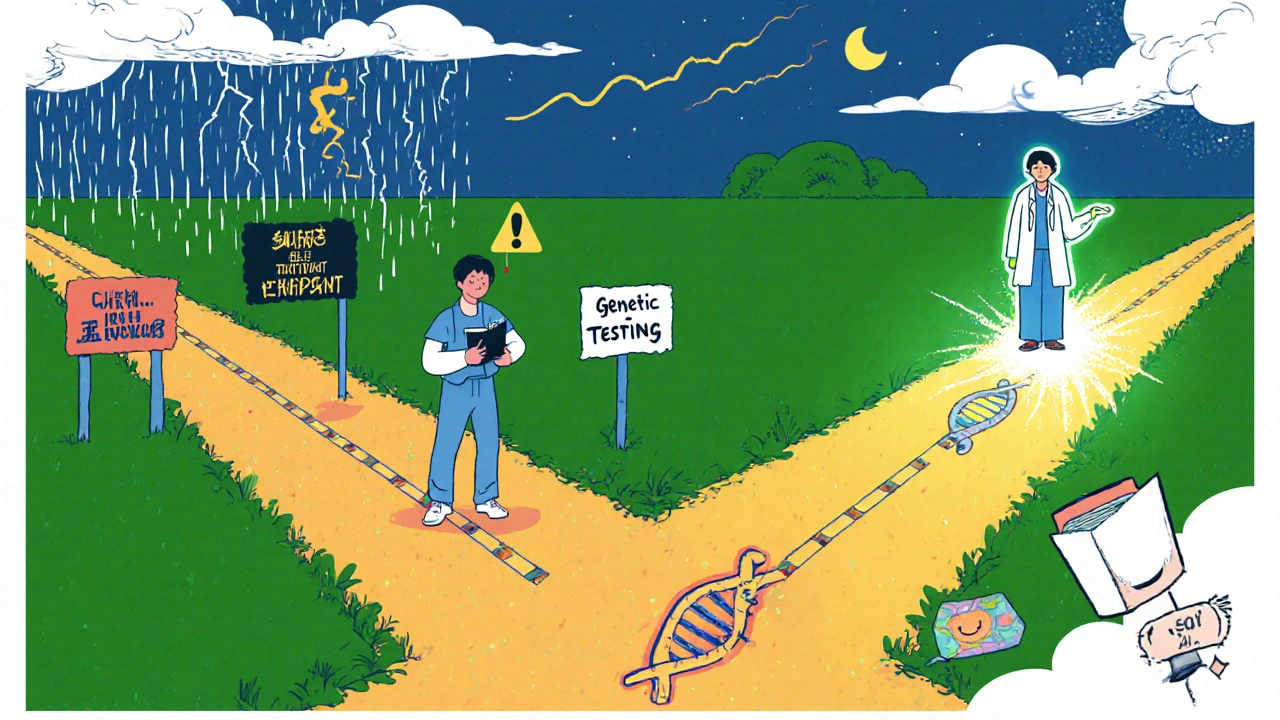 Person at a crossroads choosing between SSRI calm, bupropion energy, or genetic testing — symbolizing personalized antidepressant choice.