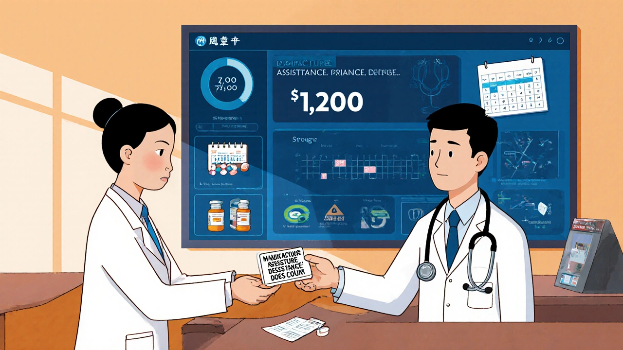 Pharmacist gives patient an alert sticker while a digital dashboard shows no progress toward deductible.