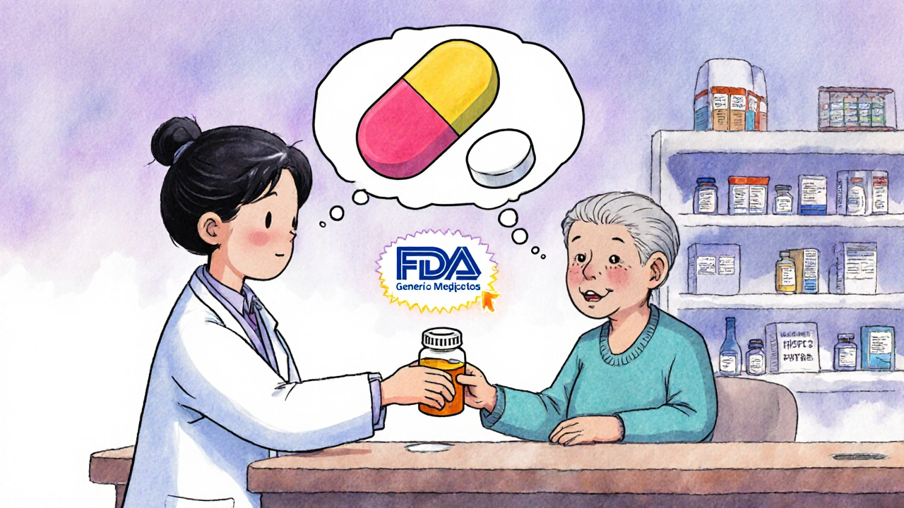 Pharmacist handing a generic medication to an elderly patient with a transforming pill thought bubble.