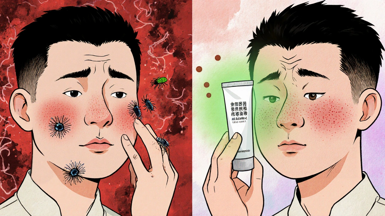 Split illustration: inflamed skin with mites transforming into calm skin after ivermectin treatment.