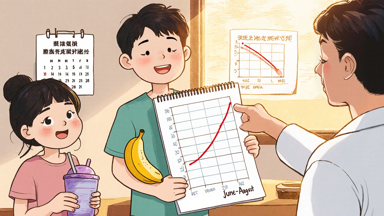 Teen and family reviewing improved growth chart during a medication break.