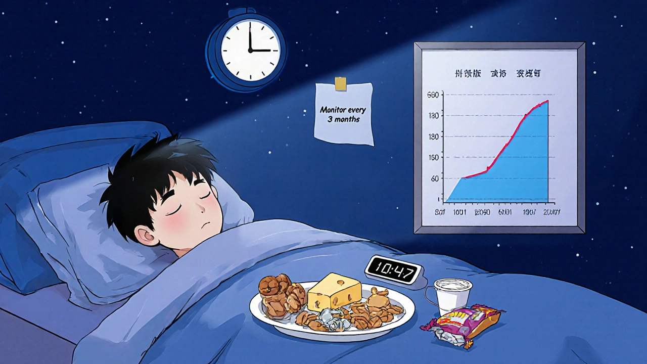 Teen eating late-night snacks, with a graph showing low daytime calorie intake.