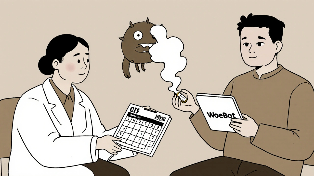 Therapist and patient discussing treatment options with benzodiazepine and app in view.