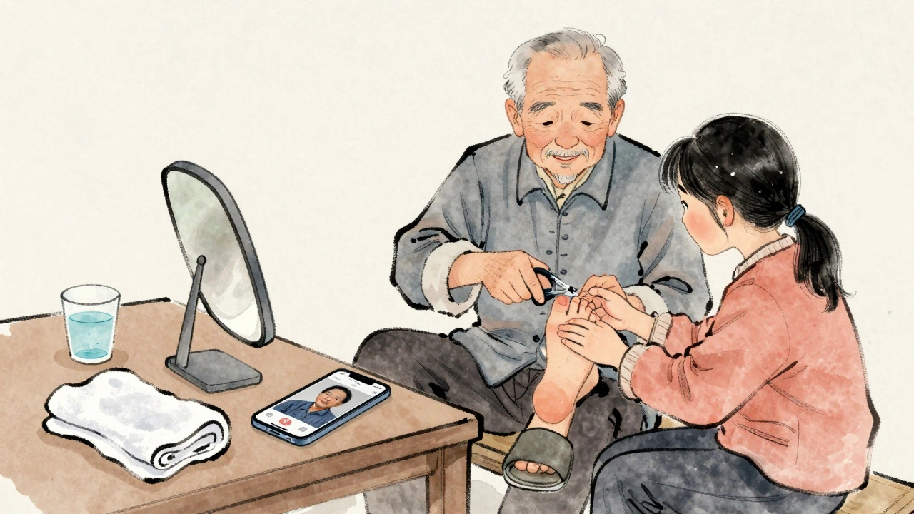 A child helps an elderly parent trim toenails safely at home, with a mirror and phone nearby for foot inspection.