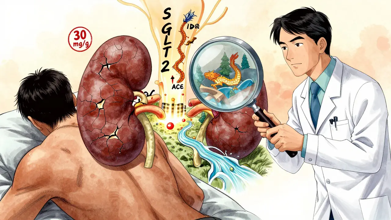 A doctor uses a magnifying glass to reveal damaged kidney filters, protected by dragon-like medications.