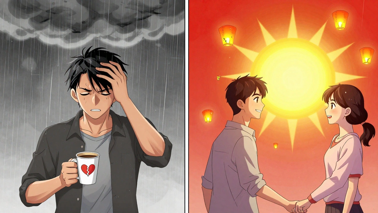 A man transitions from emotional numbness under rain to joy under sunlight, with glowing serotonin receptors symbolizing recovery.