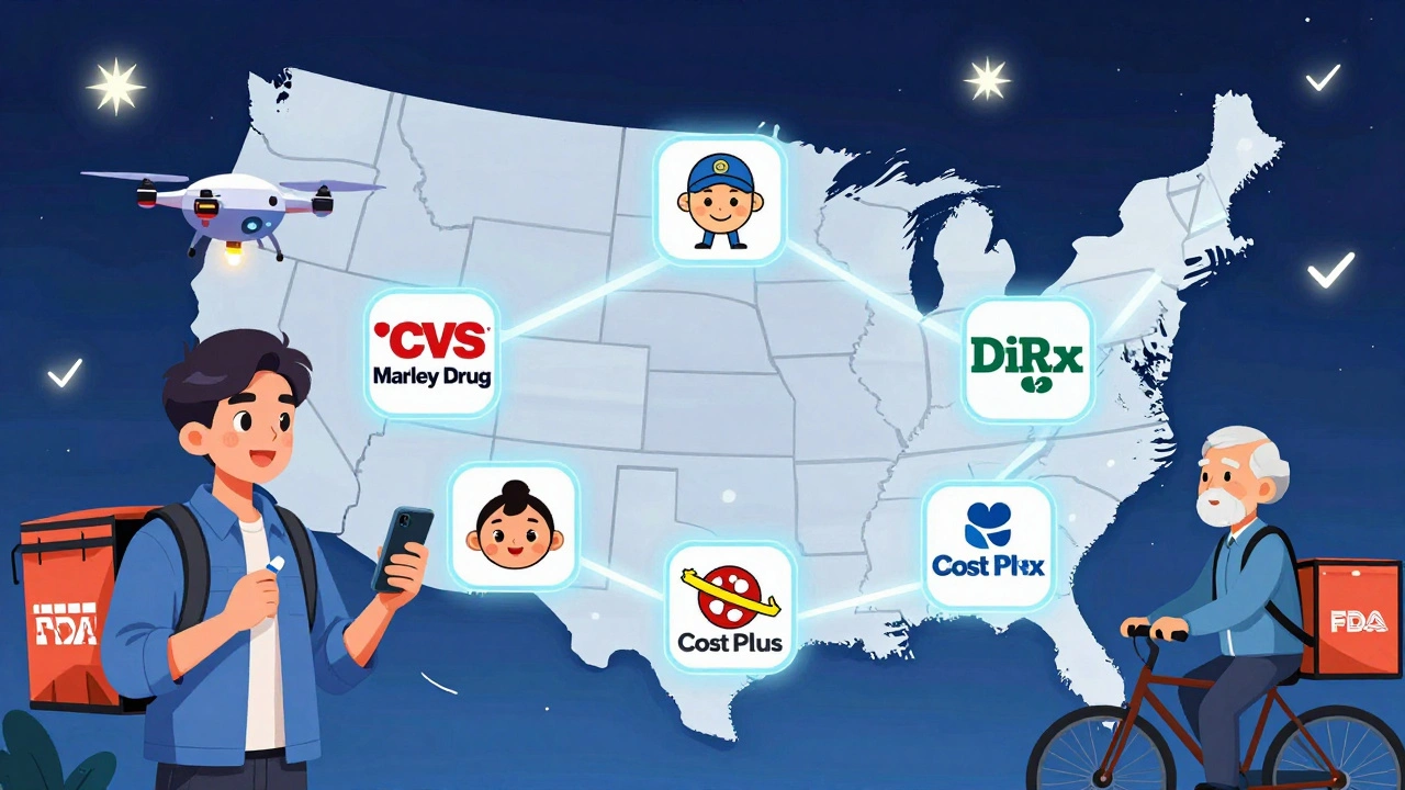 A map of the U.S. shows delivery routes to five online pharmacies with diverse users receiving medications.