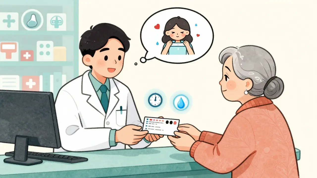 A pharmacist handing medicine to an elderly woman, with bladder and clock icons floating above pills.