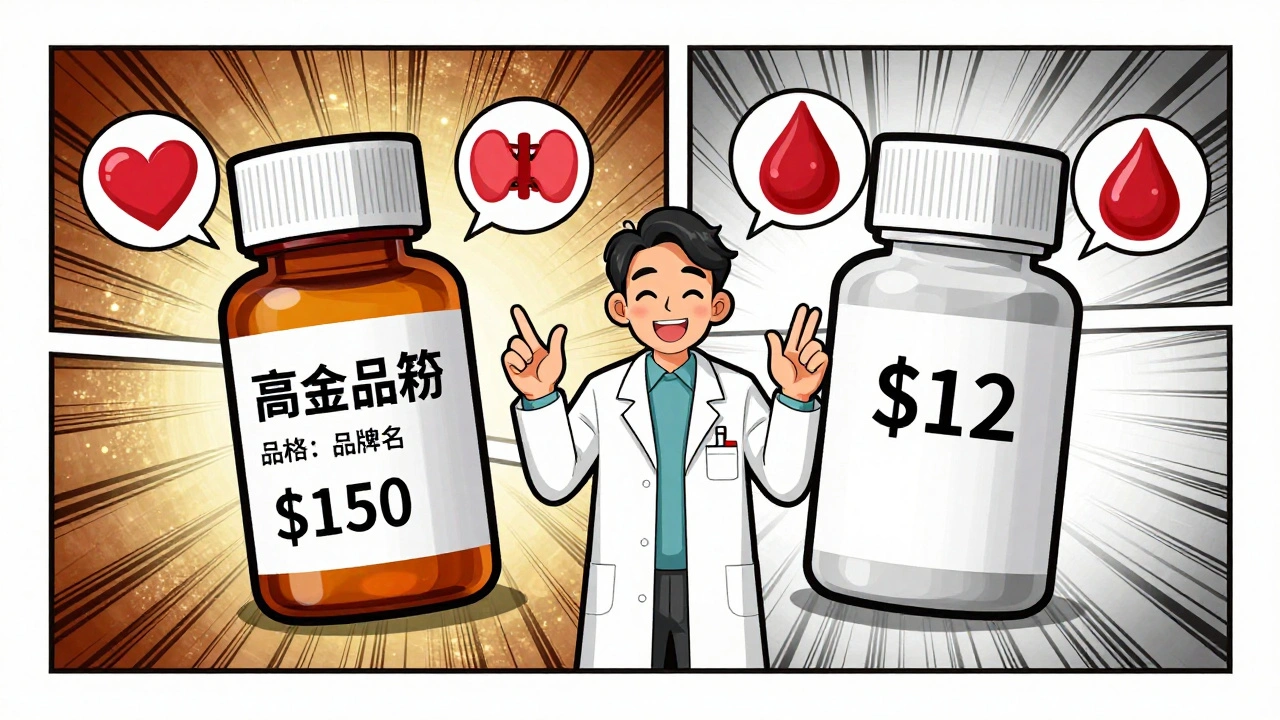 A pharmacist holds two pill bottles showing a dramatic price difference between brand-name and generic drugs.