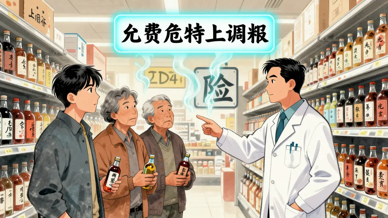 A pharmacist warns customers about kombucha alcohol content, with a glowing FDA mandate and alcohol vapors forming a danger symbol.