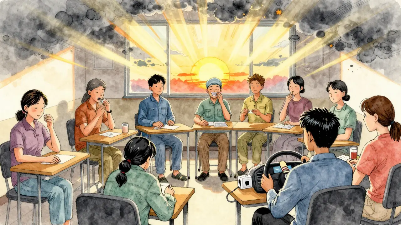 A support group of narcolepsy patients with rising sun symbolism, showing hope and daily management in manhua style.