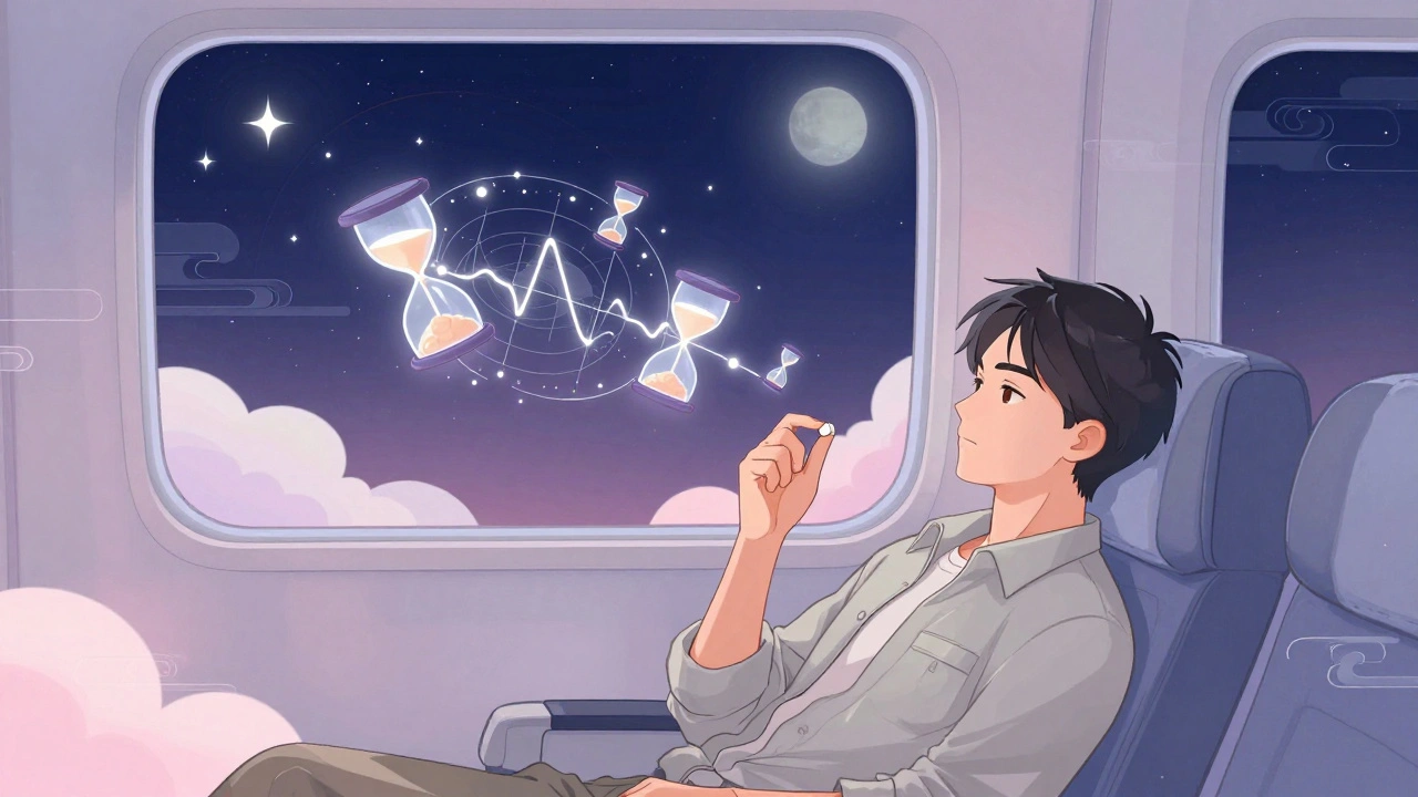 A traveler takes melatonin on a plane as stars and a phase-response curve guide their sleep cycle in manhua style.
