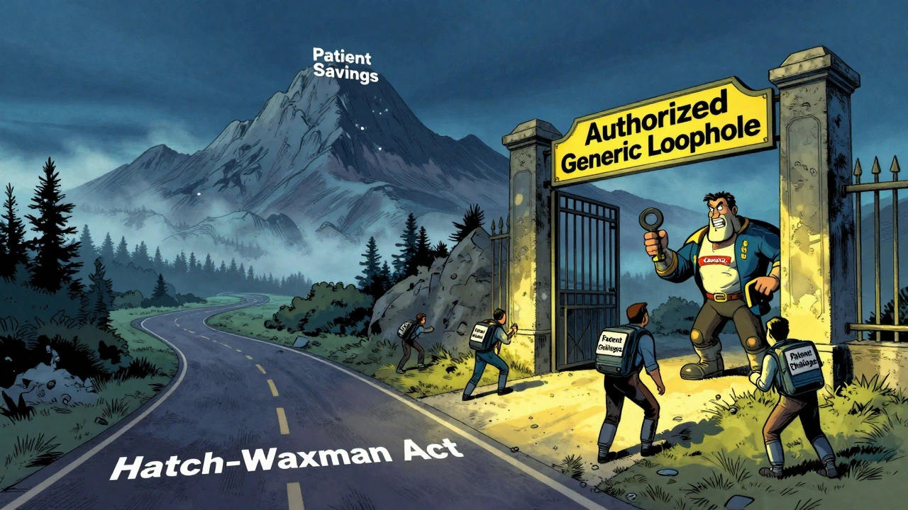 A winding road to patient savings blocked by a gate guarded by a brand-name executive, in Chinese manhua style.