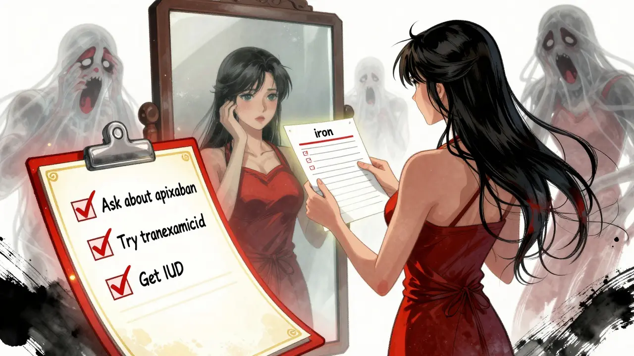 A woman holding a low-iron blood report as fatigue fades away, with a glowing checklist of treatment options nearby.