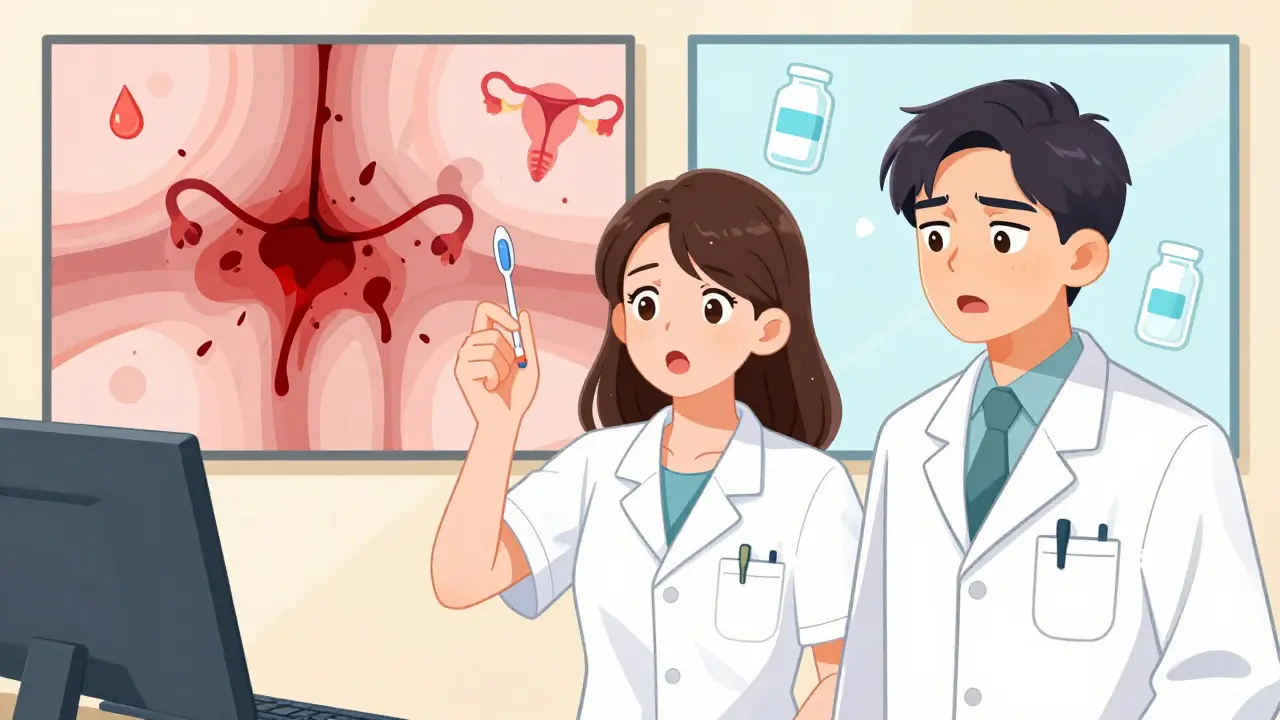 A woman showing an IUD to her surprised doctor, with contrasting images of heavy and light bleeding behind them.