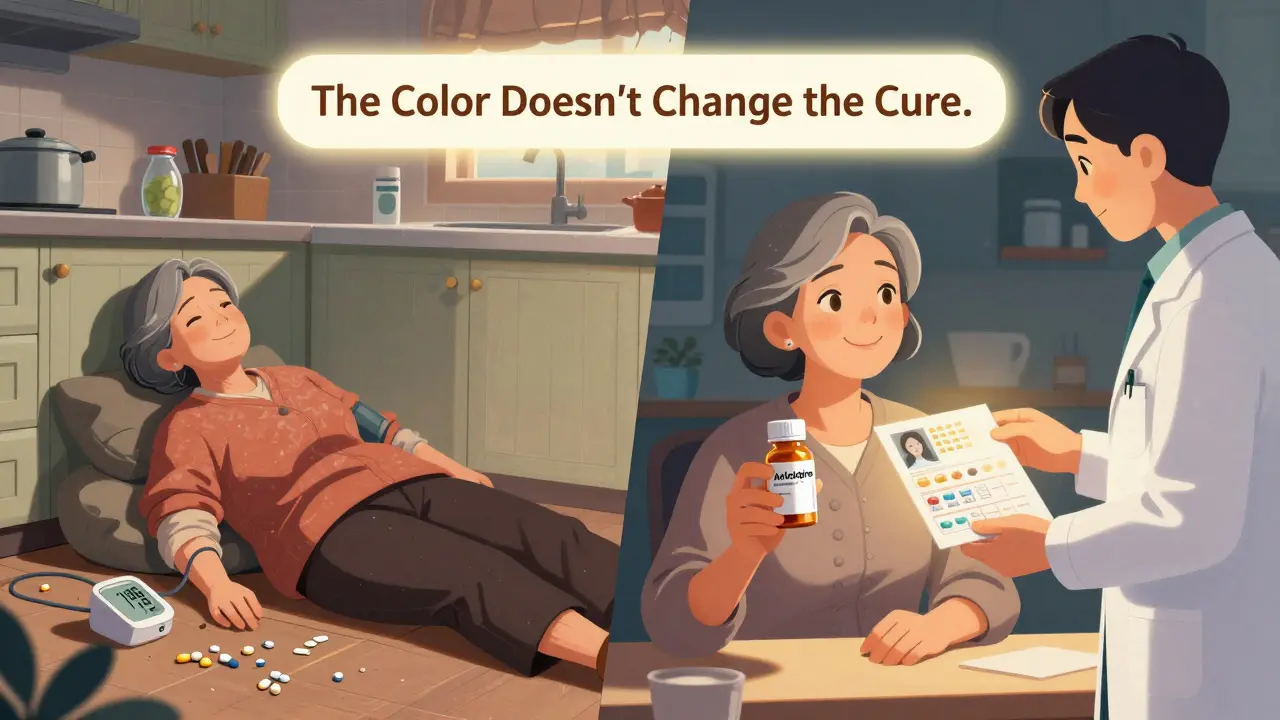 An elderly woman collapses after stopping her medication, then smiles with a pharmacist holding a pill guide—showing the danger and solution of pill appearance changes.