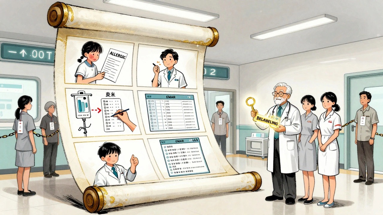 Ancient scroll transforming from past penicillin misdiagnoses to modern desensitization protocols in a hospital hallway.