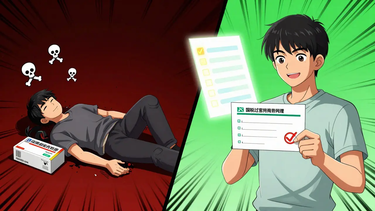Before-and-after scene: person collapsing from fake pills vs. safe medication with verified pharmacy checklist.