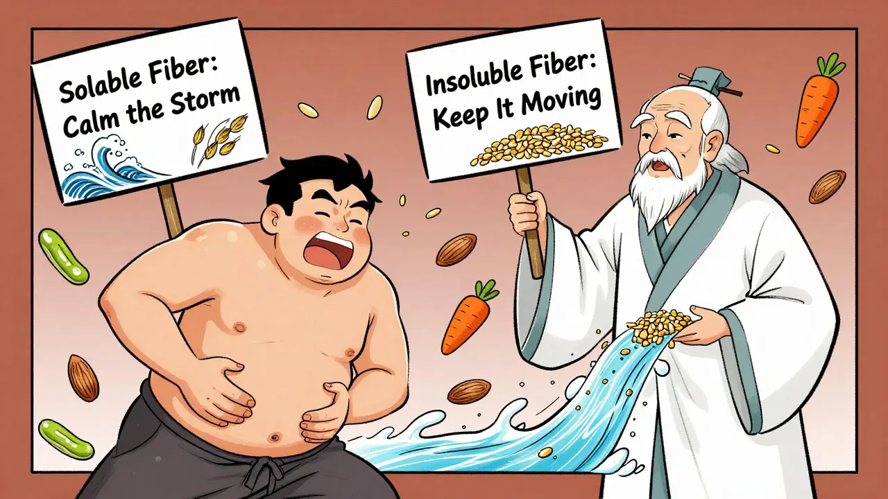 Bloating man with doctor holding signs comparing soluble and insoluble fiber effects using food symbols.