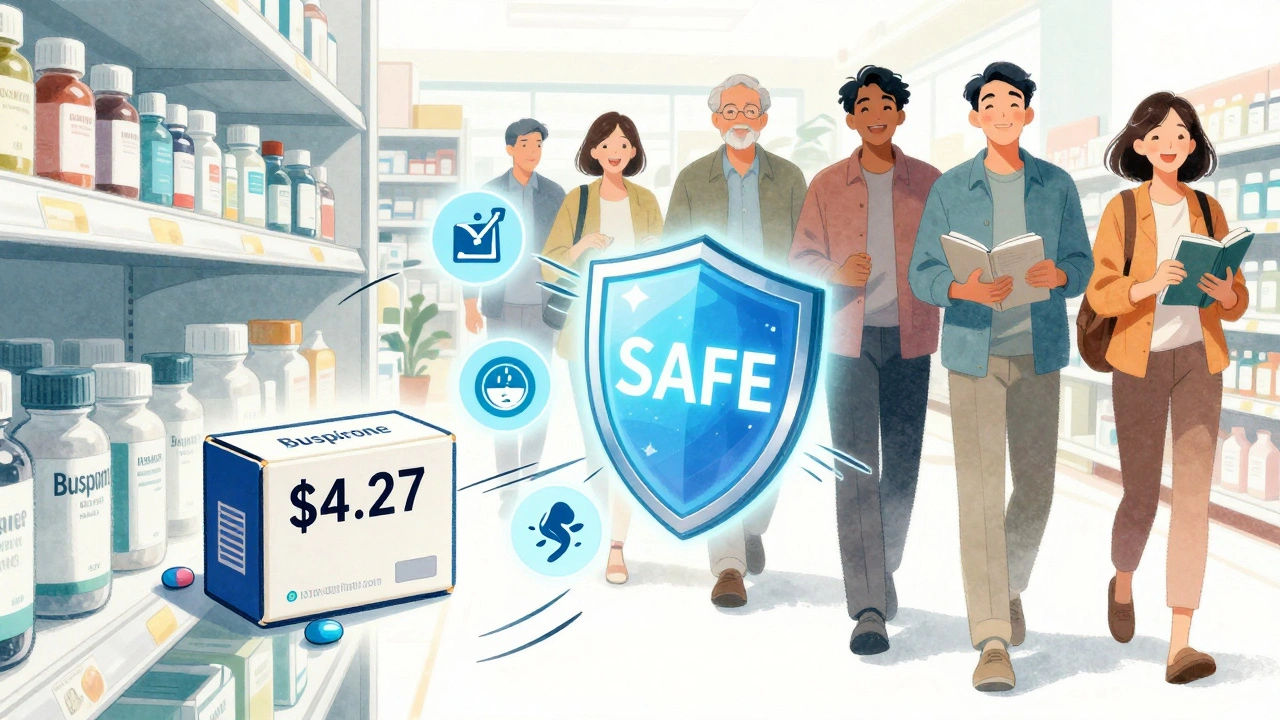 Cheap buspirone pills on a shelf push away metabolic side effects, while patients walk confidently toward brighter futures.