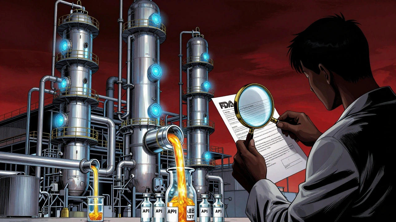 Chinese API plant with glowing reactors and flowing chemicals, shadowed figure holding an FDA warning letter.
