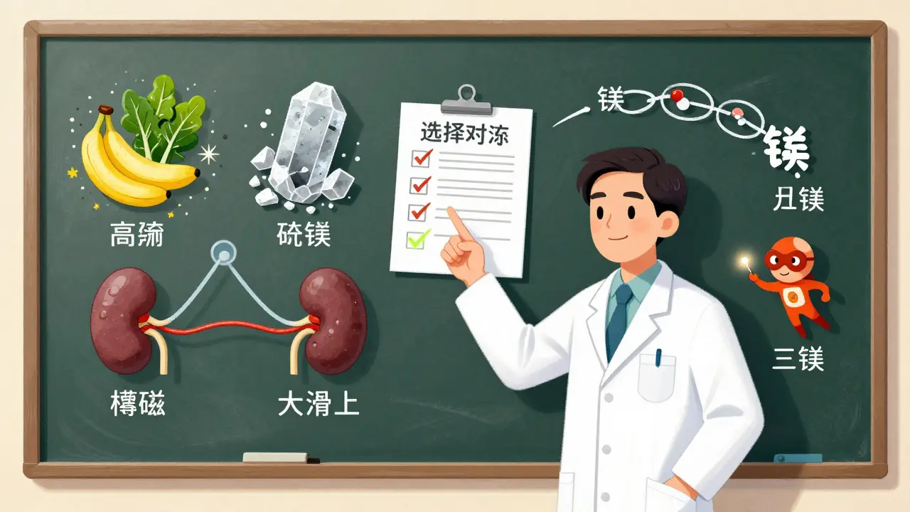 Doctor at chalkboard explaining electrolyte connections with symbolic patient scenarios and magnesium superhero.