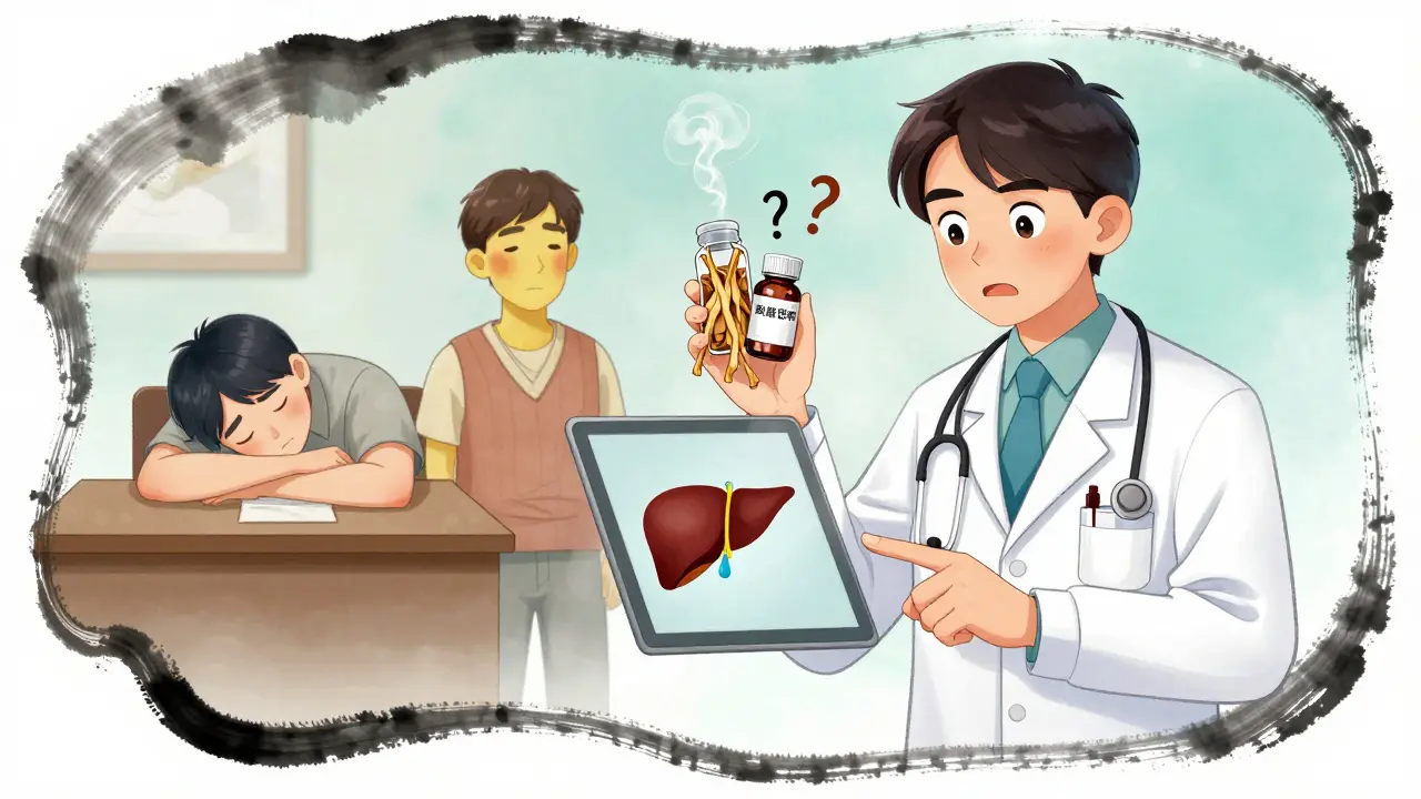 Doctor explains liver risks to patients, one showing jaundice symptoms.