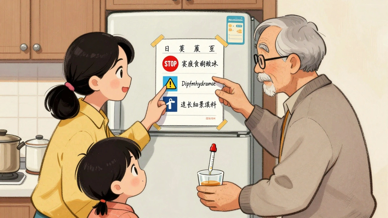 Family reviewing a medication chart on the fridge with icons for active ingredients.