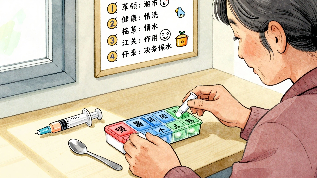 Grandmother using color-coded pill organizer with oral syringe, warm lighting