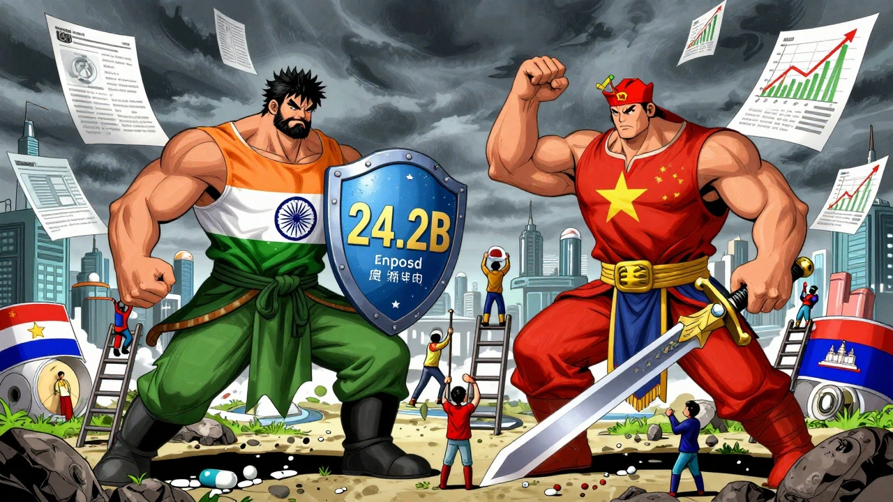 India and China as giant warriors in a pharmaceutical battle, with smaller nations climbing ladders on the battlefield.