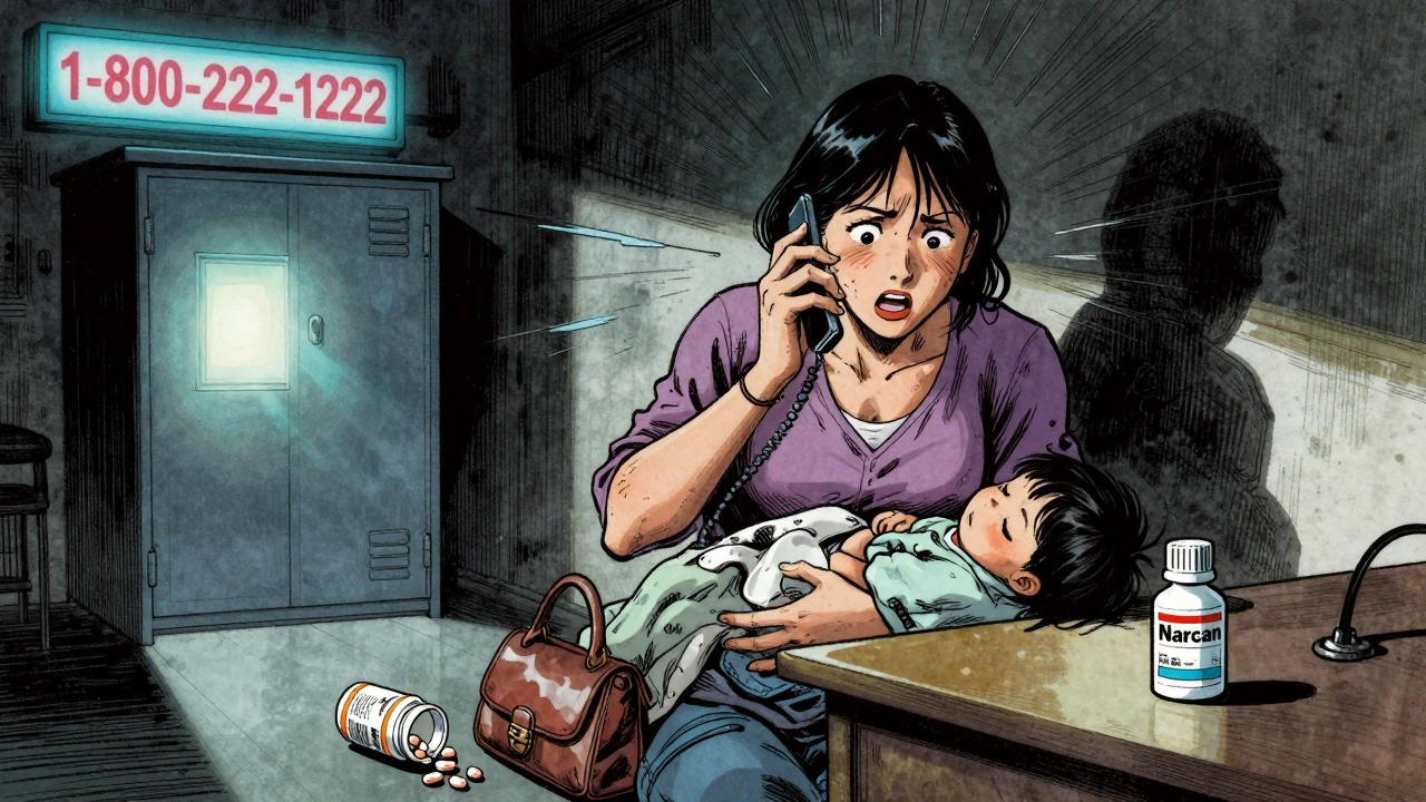 Mother calling Poison Control as child sleeps, open pill bottle on floor