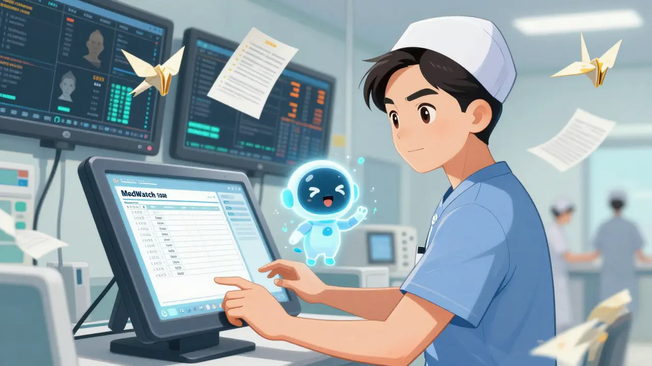 Nurse using an electronic health system with an AI assistant helping auto-fill a MedWatch report in a hospital.